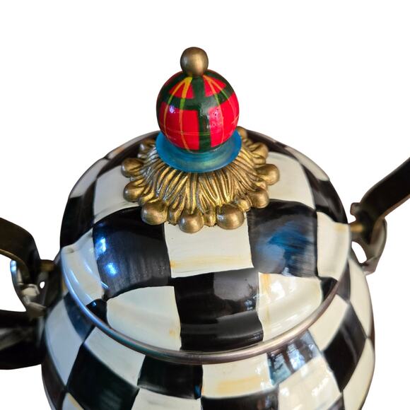 MacKenzie-Childs Courtly Check Black & White Enamel Tea Kettle Blue Green Red - Picture 4 of 16